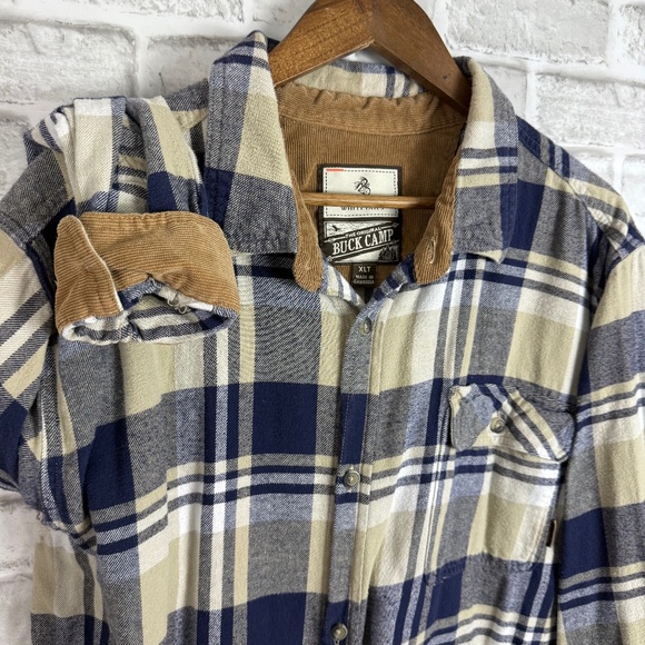 Legendary Whitetails Buck Camp Navy & Cream Plaid Flannel Shirt Mens XLT TALL - Picture 1 of 8